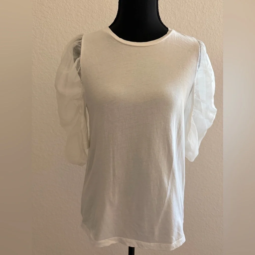 ZARA White Blouse with Tulle Puff Sleeves | Romantic Feminine Top